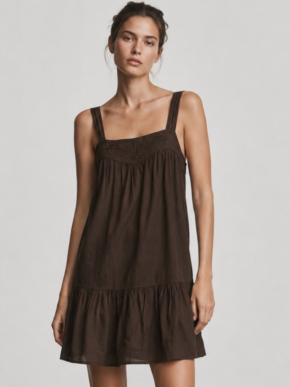 Vince Vince Chocolate Brown Embroidered Cotton Dress